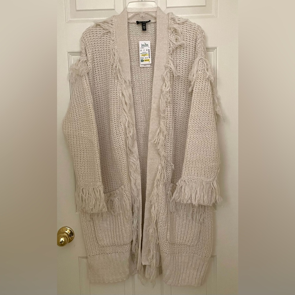 Cozy Oatmeal Cardigan with Fringe Details, 1X